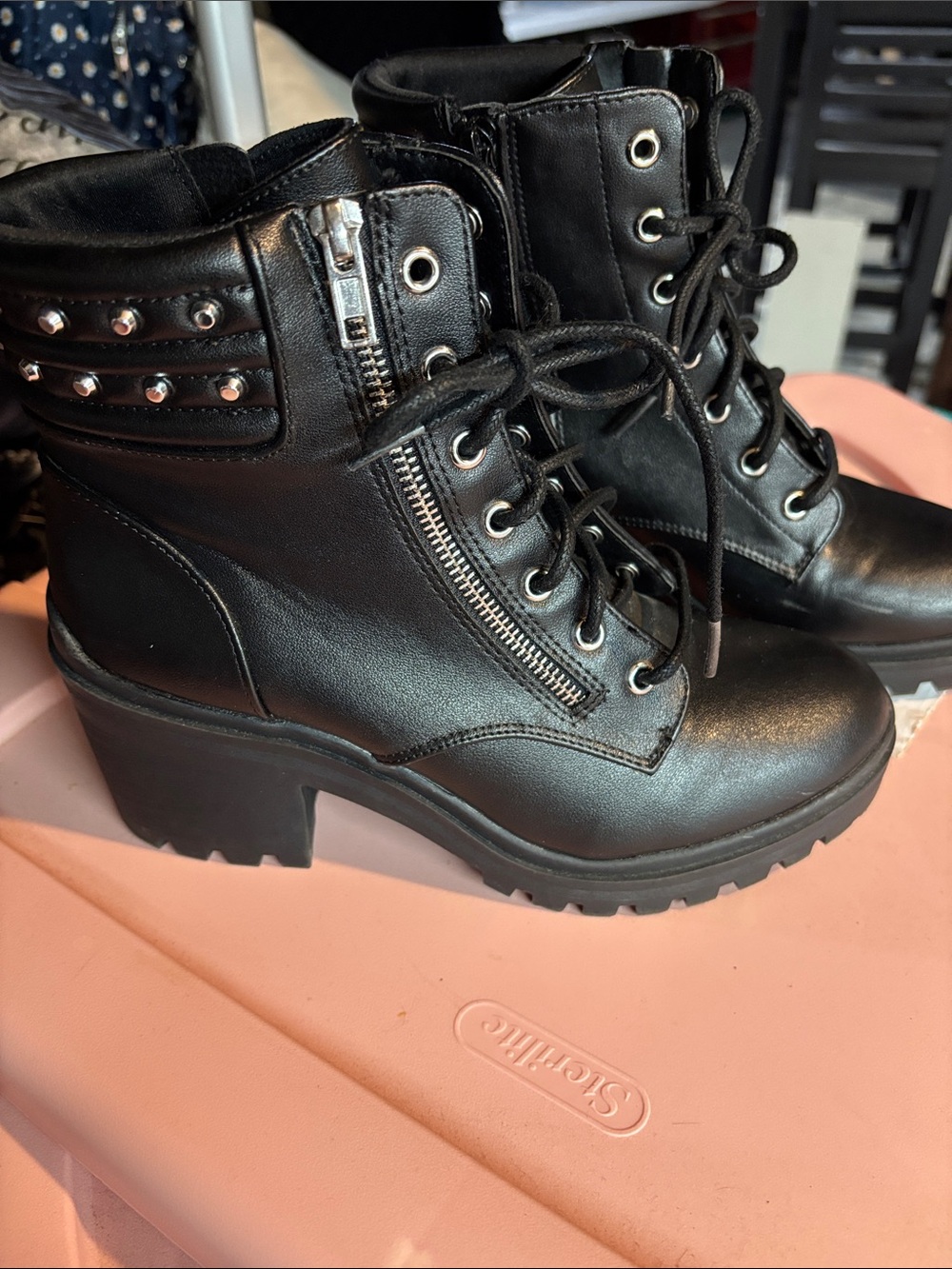 No Boundaries Black Studded Lace-Up Chunky Heel Combat Boots